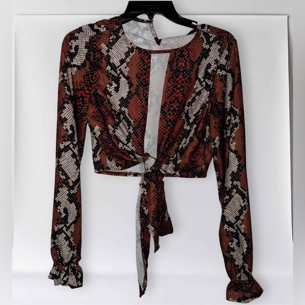 Boohoo Snake Print Tie-Front Blouse
